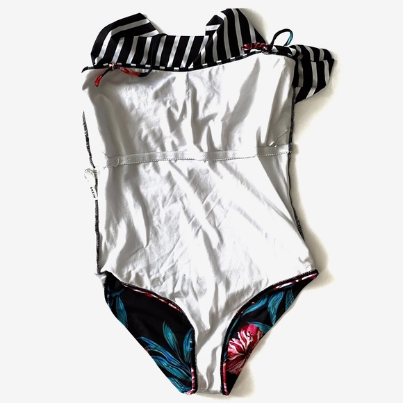 Tropical Swimwear One-Piece Swimsuit Floral Print Stripe Ruffle Top Bathing Suit - Picture 13 of 16